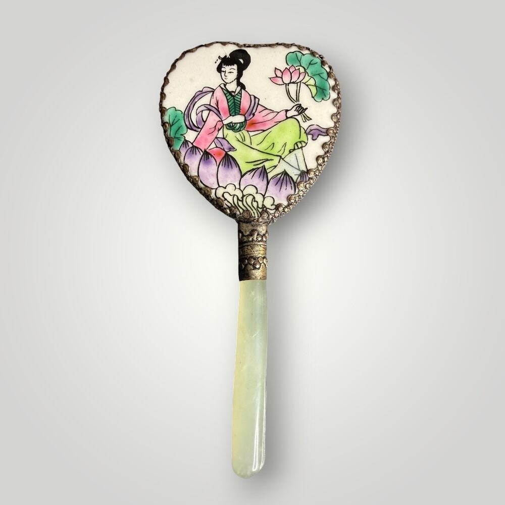 Collectible Vintage Chinese PORCELAIN Small Hand Mirror JADE Handle.